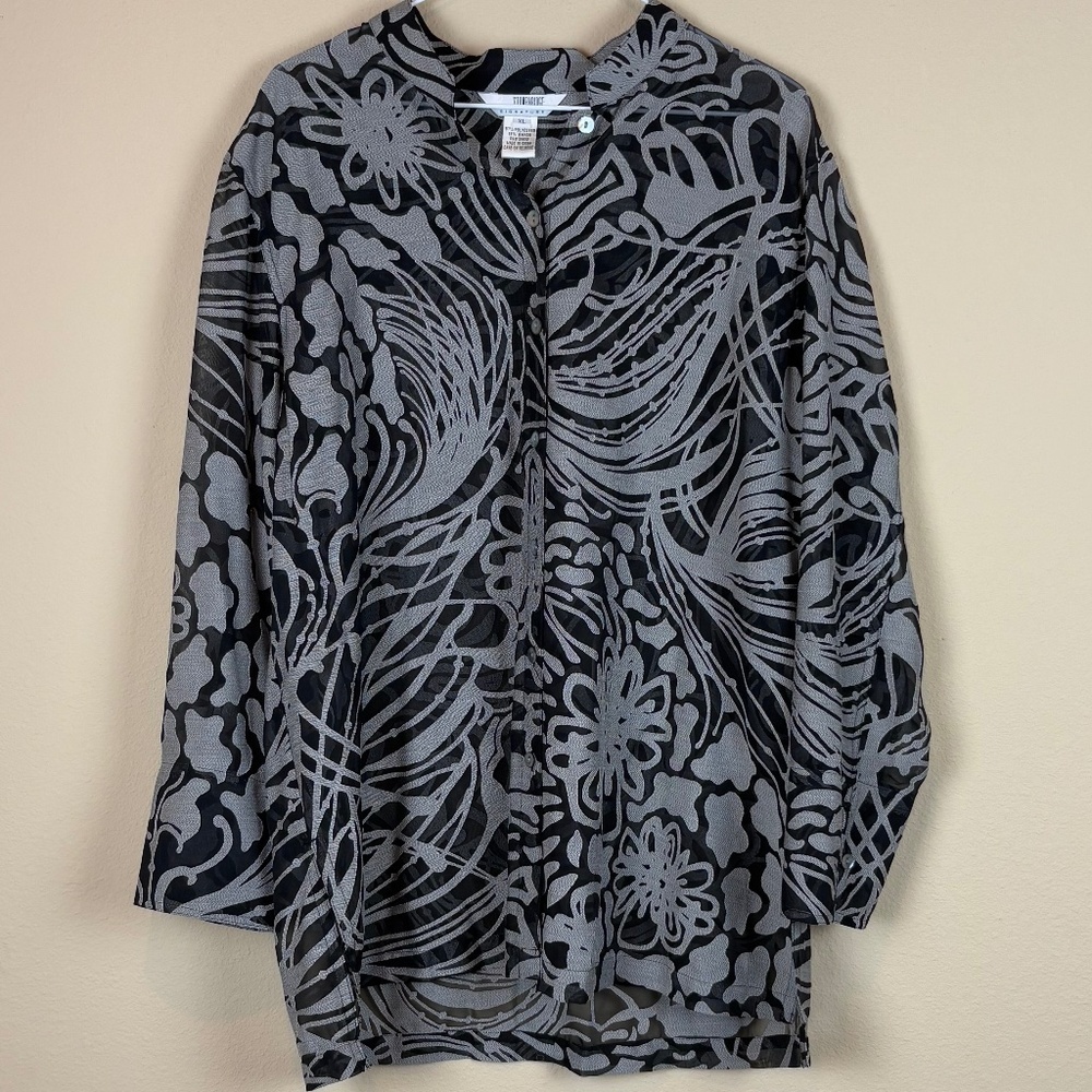 Stonebridge Signature Gray/Black Floral Vintage Semi Sheer Long Sleeve Blouse